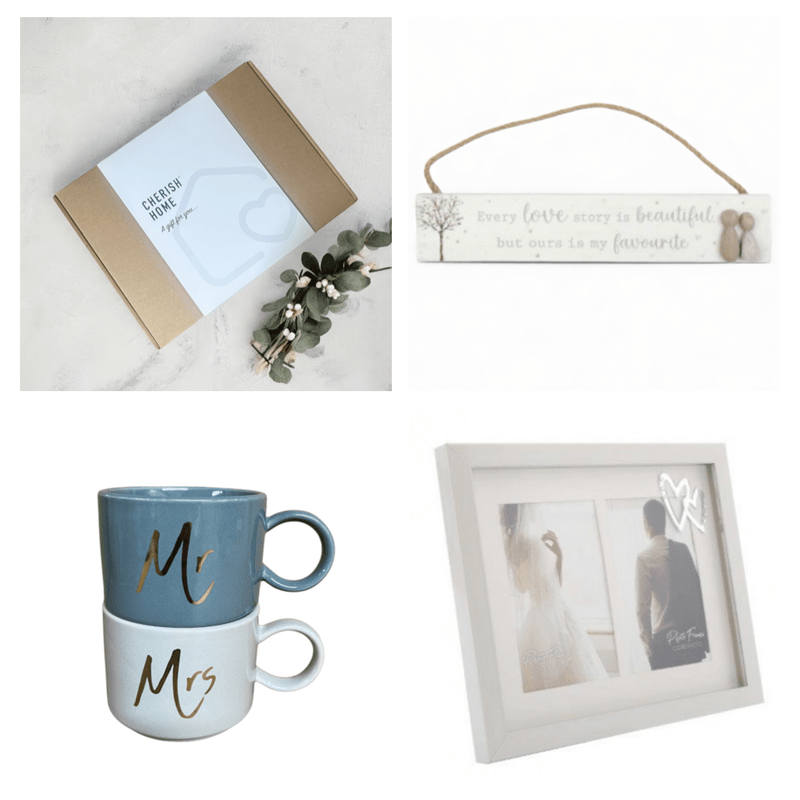 Unique Wedding Gift Box Set: Mr & Mrs Mugs, Keepsake Pebble Sign, and Double Photo Frame - Cherish Home