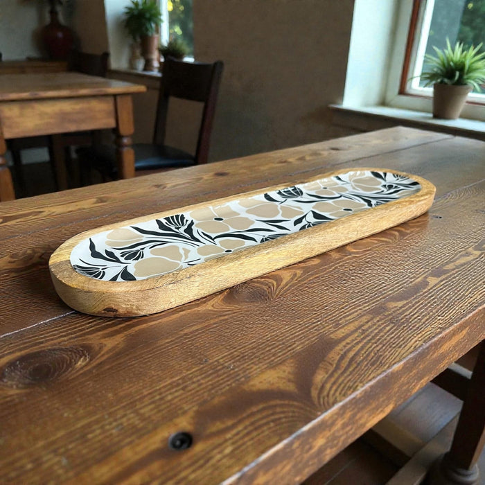 Vintage Look Neutral Floral Patterned Enamel Tray Large - Cherish Home