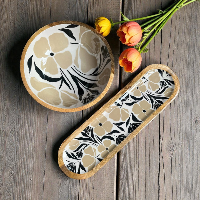 Vintage Look Neutral Floral Patterned Enamelware Kitchen Decorative Bowl Tray Set - Cherish Home