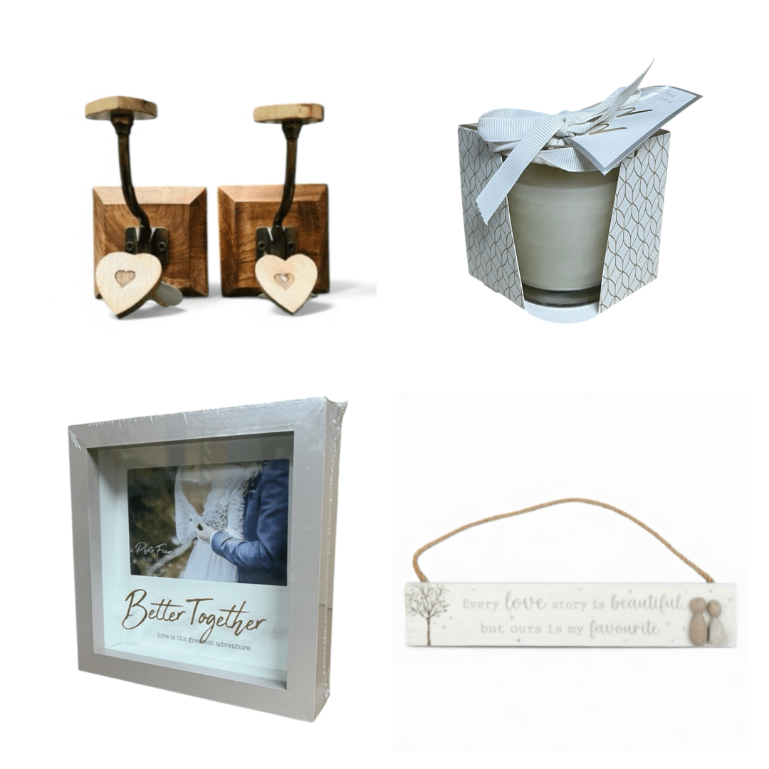 Wedding Gift Set: "Ours is My Favourite" Pebble Sign, Better Together Frame, Dual Heart Hooks, and Scented Candle - Cherish Home