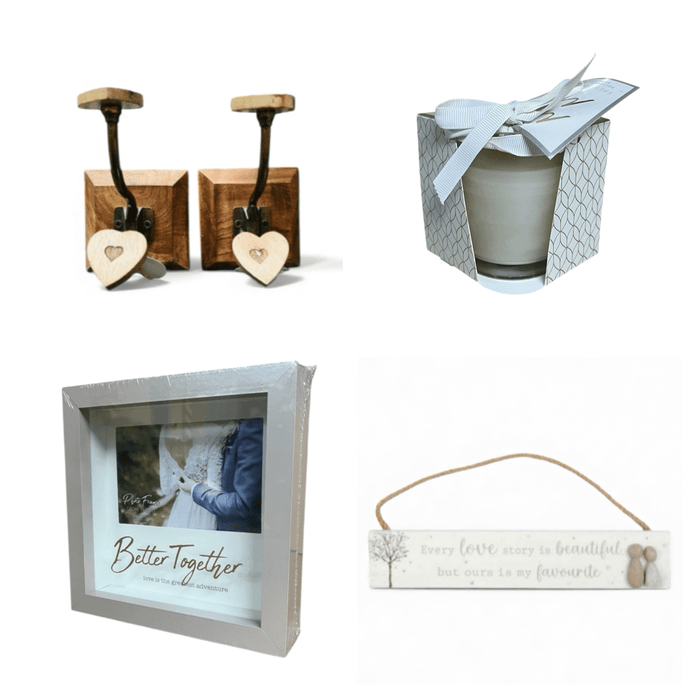 Wedding Gift Set: "Ours is My Favourite" Pebble Sign, Better Together Frame, Dual Heart Hooks, and Scented Candle - Cherish Home