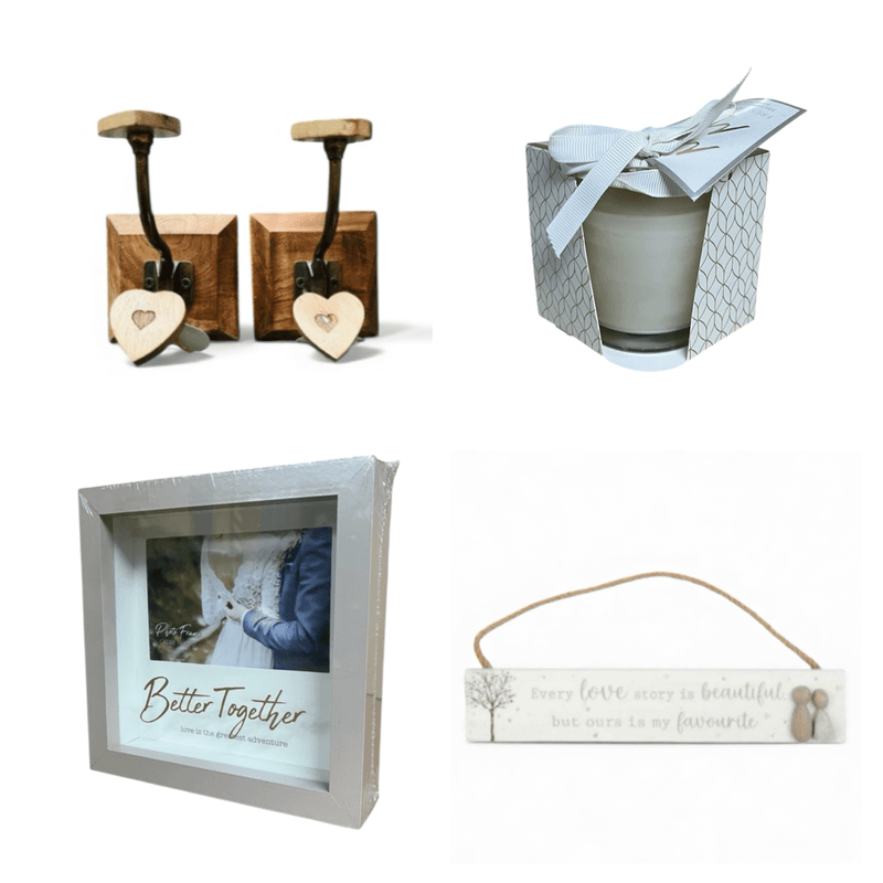 Wedding Gift Set: "Ours is My Favourite" Pebble Sign, Better Together Frame, Dual Heart Hooks, and Scented Candle - Cherish Home