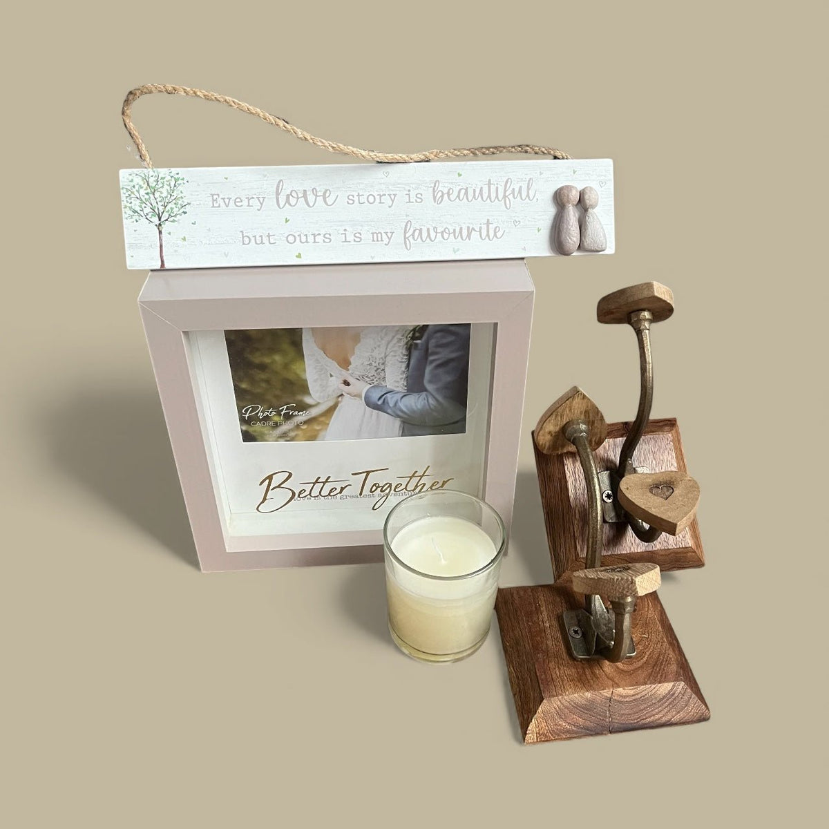 Wedding Gift Set: "Ours is My Favourite" Pebble Sign, Better Together Frame, Dual Heart Hooks, and Scented Candle - Cherish Home