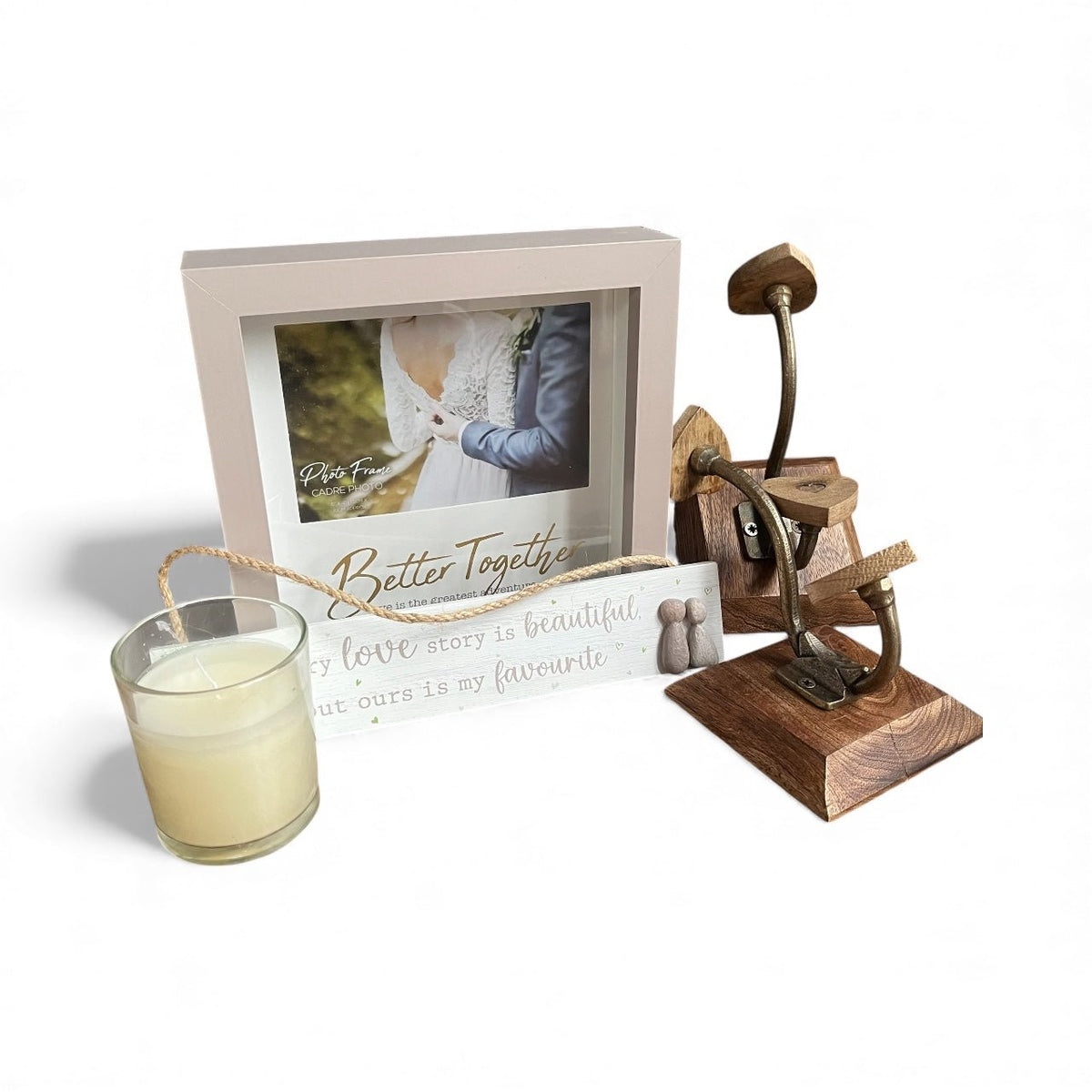 Wedding Gift Set: "Ours is My Favourite" Pebble Sign, Better Together Frame, Dual Heart Hooks, and Scented Candle - Cherish Home
