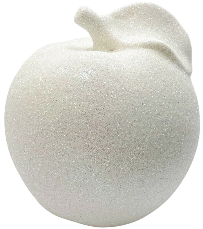 White Ceramic Apple Ornament 14cm Lustre Glittery Fruit Sculpture Apple Shaped - Cherish Home