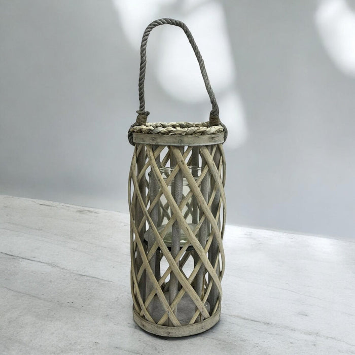 Wooden Cage Lantern Pillar Candle Holder 30cm Rustic Lantern Rope Handle - Cherish Home