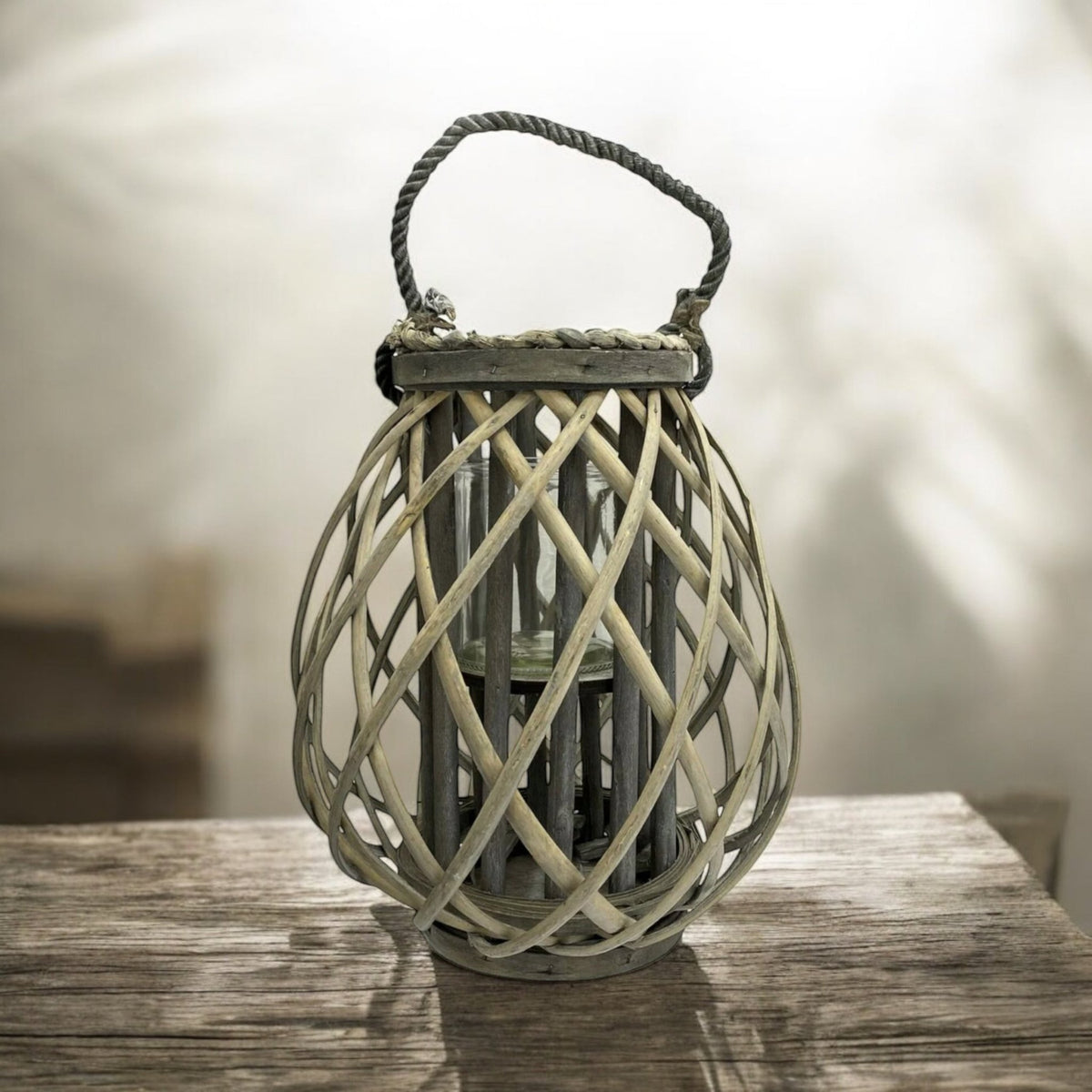 Wooden Cage Lantern Pillar Candle Holder 30cm Rustic Lantern Rope Handle - Cherish Home