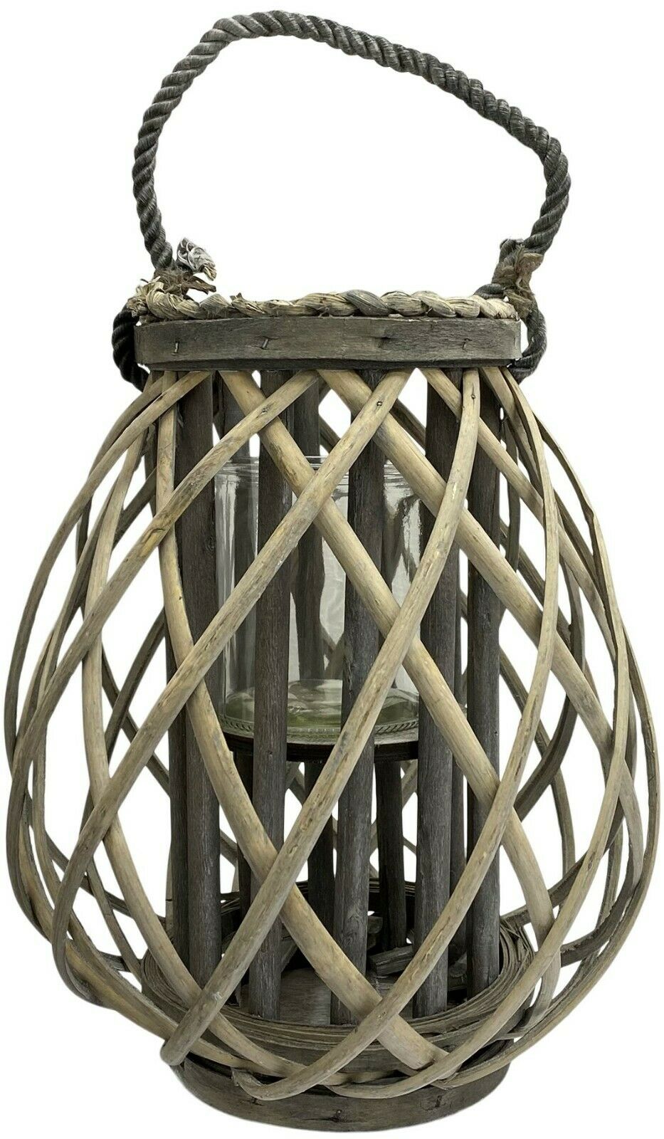 Wooden Cage Lantern Pillar Candle Holder 30cm Rustic Lantern Rope Handle - Cherish Home