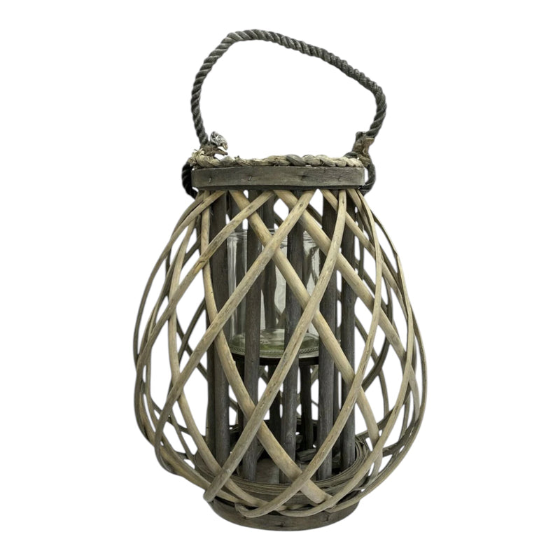 Wooden Cage Lantern Pillar Candle Holder 30cm Rustic Lantern Rope Handle - Cherish Home