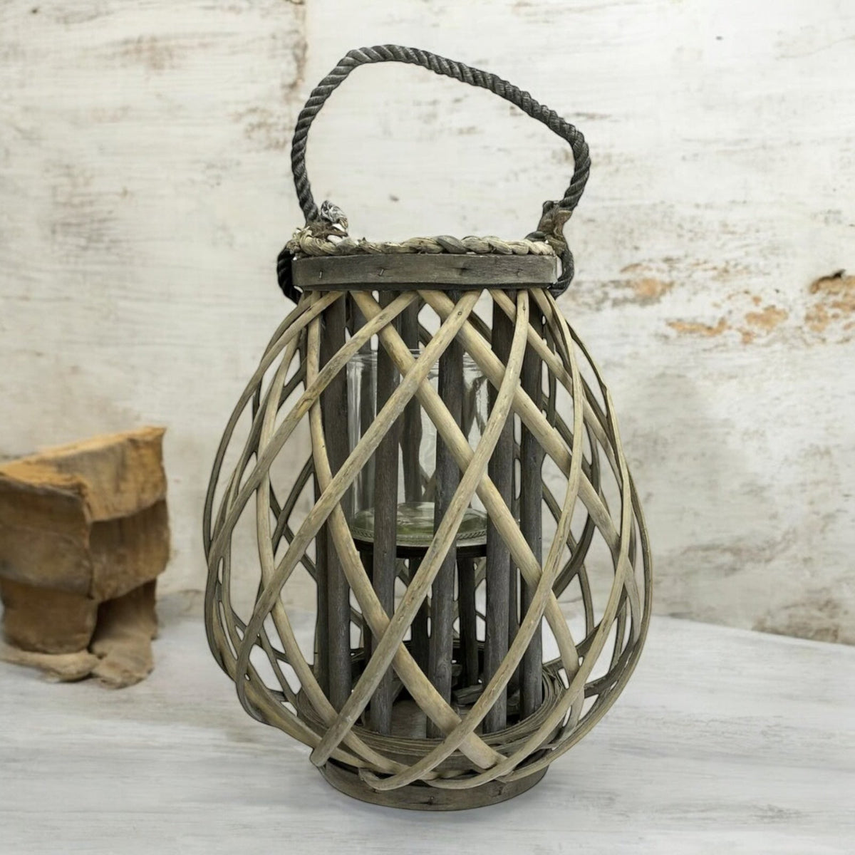 Wooden Cage Lantern Pillar Candle Holder 30cm Rustic Lantern Rope Handle - Cherish Home