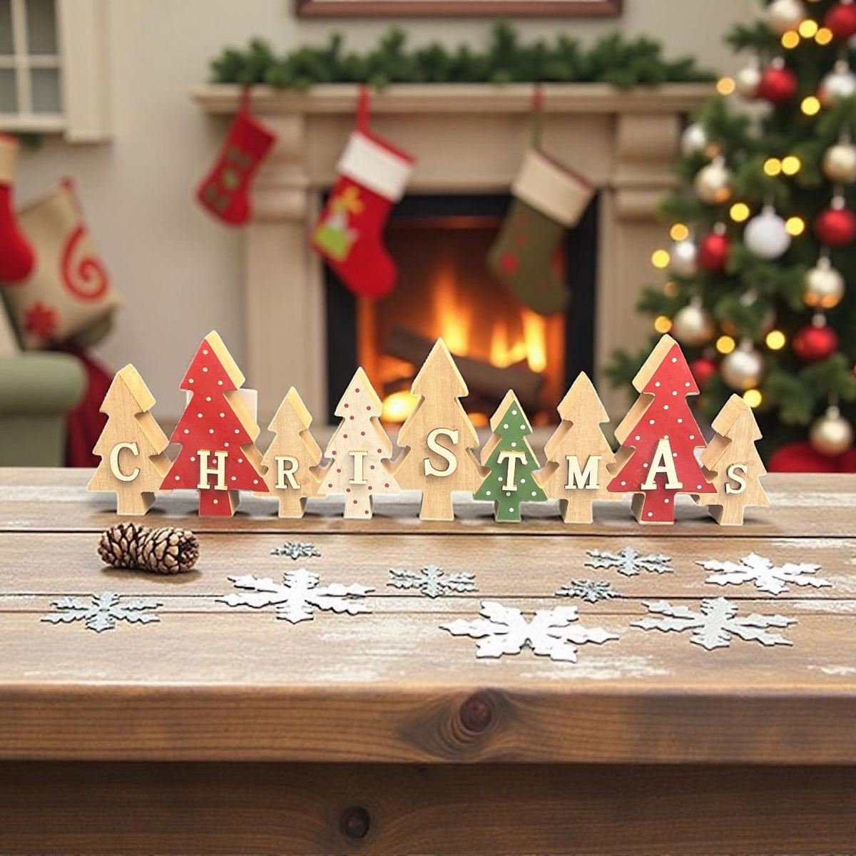 Wooden Christmas Decoration - Red, Green & White Trees - Cherish Home
