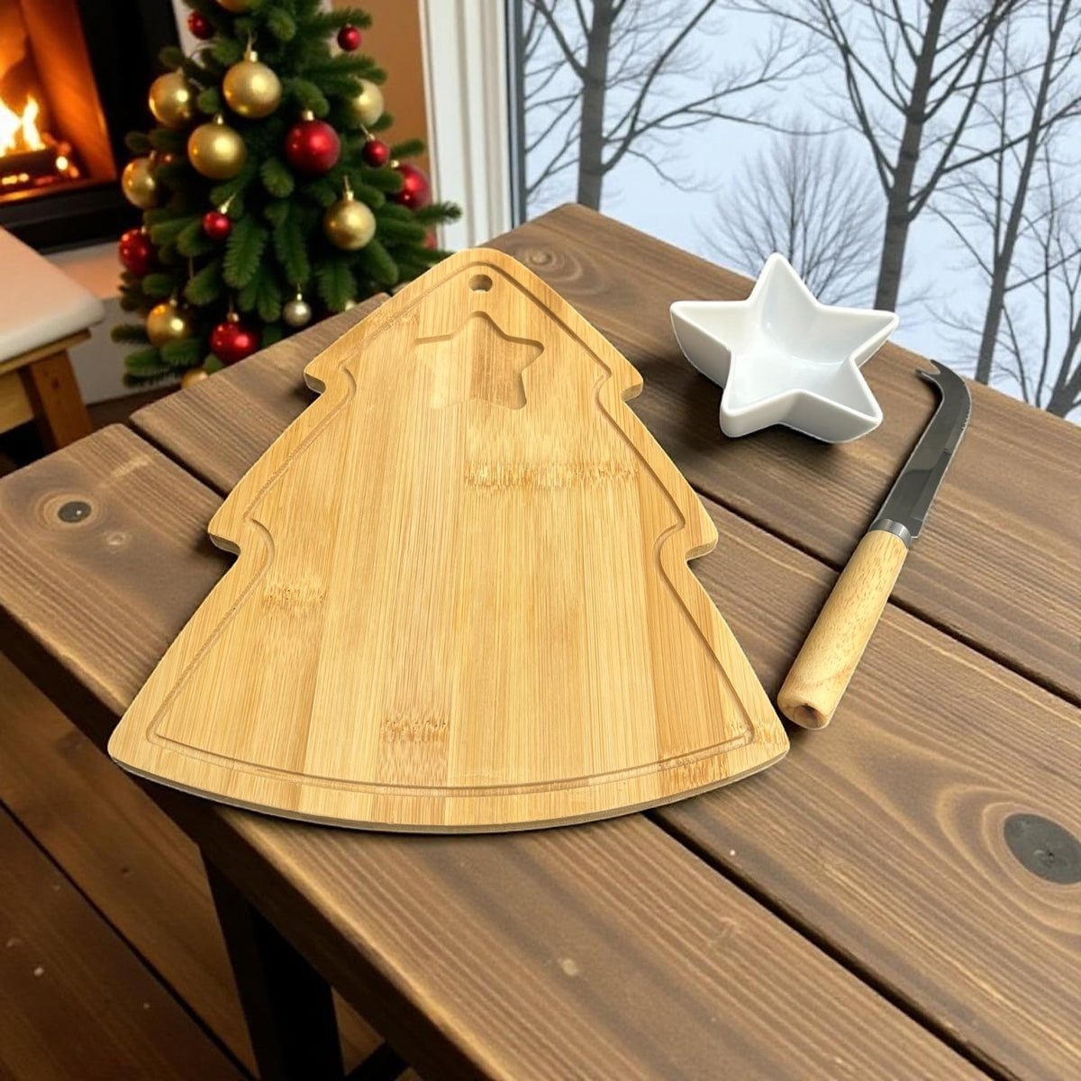 Wooden Christmas Tree Serving Platter with Star - Shaped Bowl - Cherish Home
