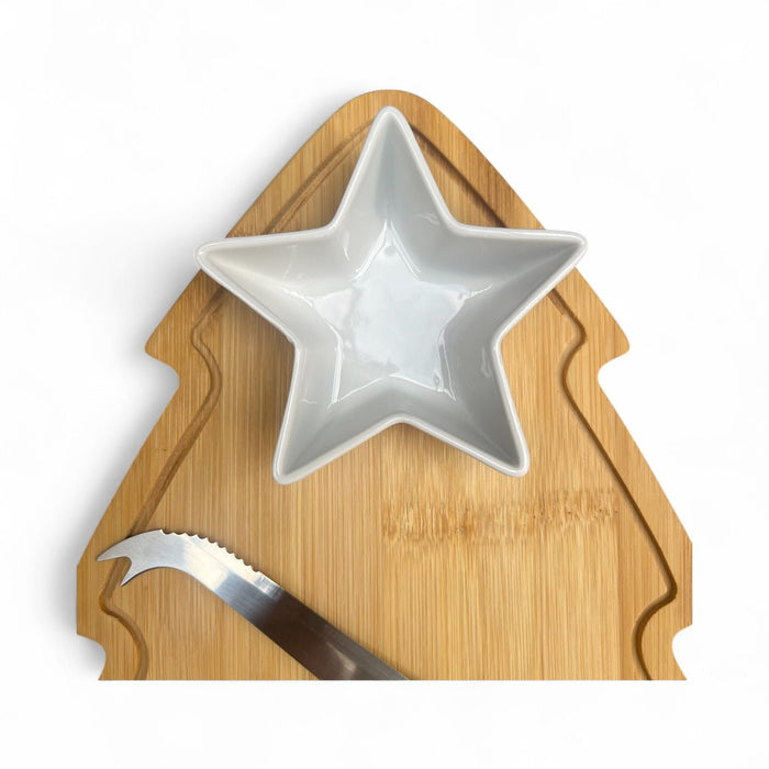 Wooden Christmas Tree Serving Platter with Star - Shaped Bowl - Cherish Home