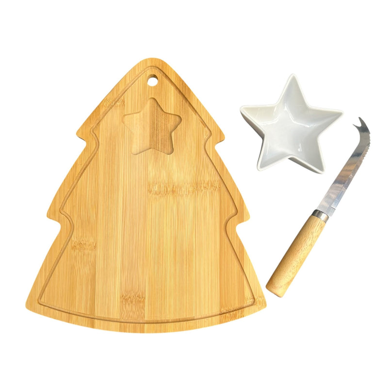 Wooden Christmas Tree Serving Platter with Star - Shaped Bowl - Cherish Home