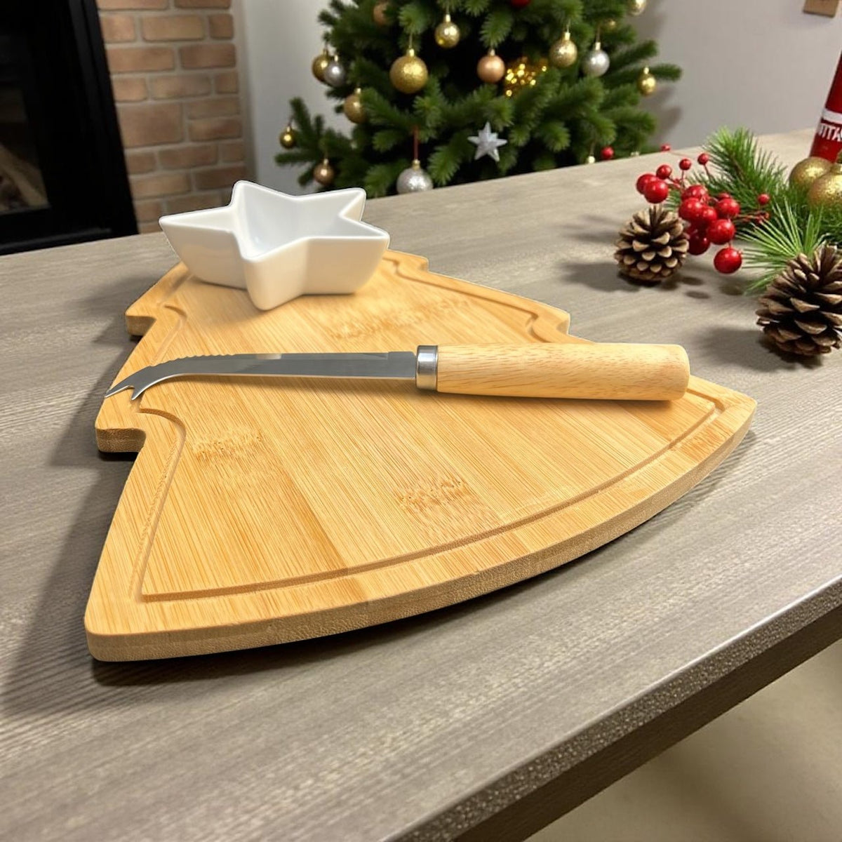 Wooden Christmas Tree Serving Platter with Star - Shaped Bowl - Cherish Home