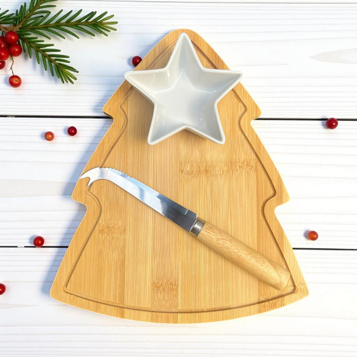 Wooden Christmas Tree Serving Platter with Star - Shaped Bowl - Cherish Home