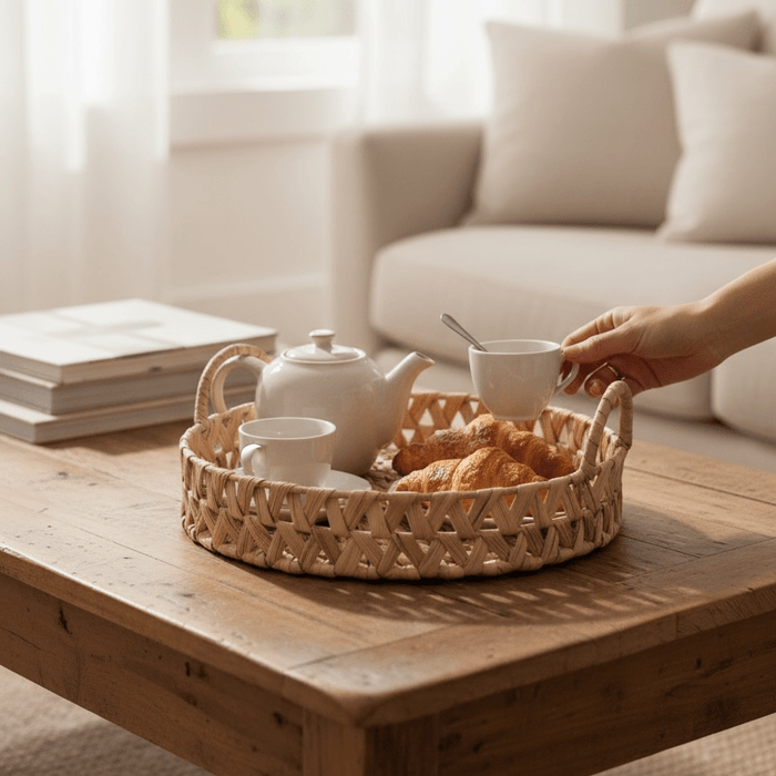 Woven Water Hyacinth Round Serving Tray with Handles, Versatile Decorative Rattan Look Metal Frame Basket for Coffee Table, Ottoman, & Patio - Cherish Home