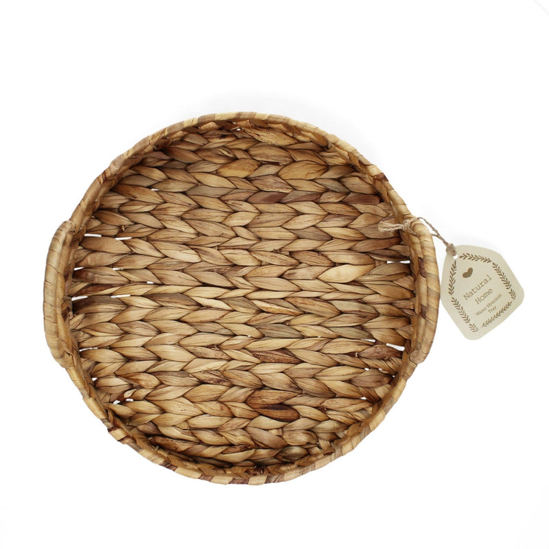 Woven Water Hyacinth Round Serving Tray with Handles, Versatile Decorative Rattan Look Metal Frame Basket for Coffee Table, Ottoman, & Patio - Cherish Home