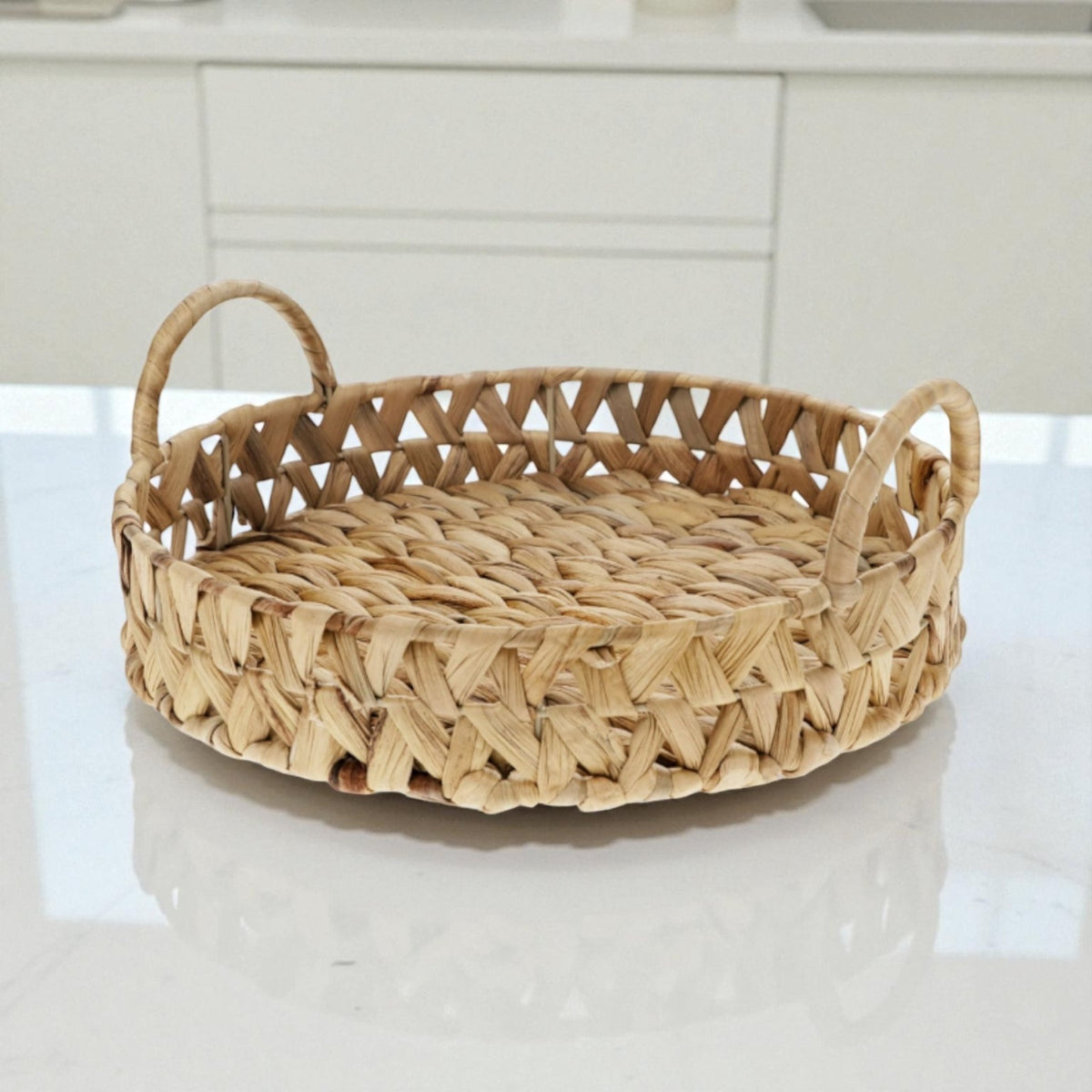 Woven Water Hyacinth Round Serving Tray with Handles, Versatile Decorative Rattan Look Metal Frame Basket for Coffee Table, Ottoman, & Patio - Cherish Home