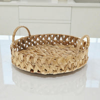 Woven Water Hyacinth Round Serving Tray with Handles, Versatile Decorative Rattan Look Metal Frame Basket for Coffee Table, Ottoman, & Patio - Cherish Home