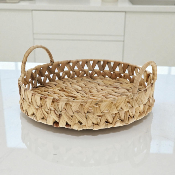 Woven Water Hyacinth Round Serving Tray with Handles, Versatile Decorative Rattan Look Metal Frame Basket for Coffee Table, Ottoman, & Patio - Cherish Home