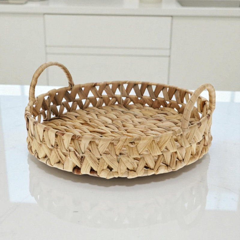 Woven Water Hyacinth Round Serving Tray with Handles, Versatile Decorative Rattan Look Metal Frame Basket for Coffee Table, Ottoman, & Patio - Cherish Home