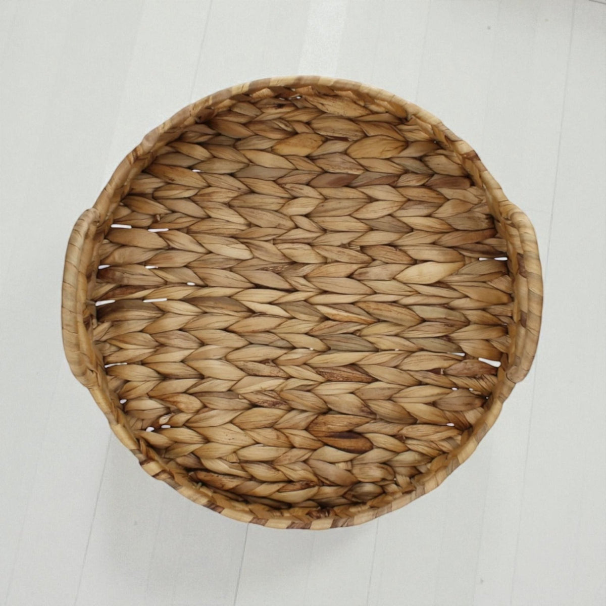 Woven Water Hyacinth Round Serving Tray with Handles, Versatile Decorative Rattan Look Metal Frame Basket for Coffee Table, Ottoman, & Patio - Cherish Home