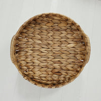 Woven Water Hyacinth Round Serving Tray with Handles, Versatile Decorative Rattan Look Metal Frame Basket for Coffee Table, Ottoman, & Patio - Cherish Home