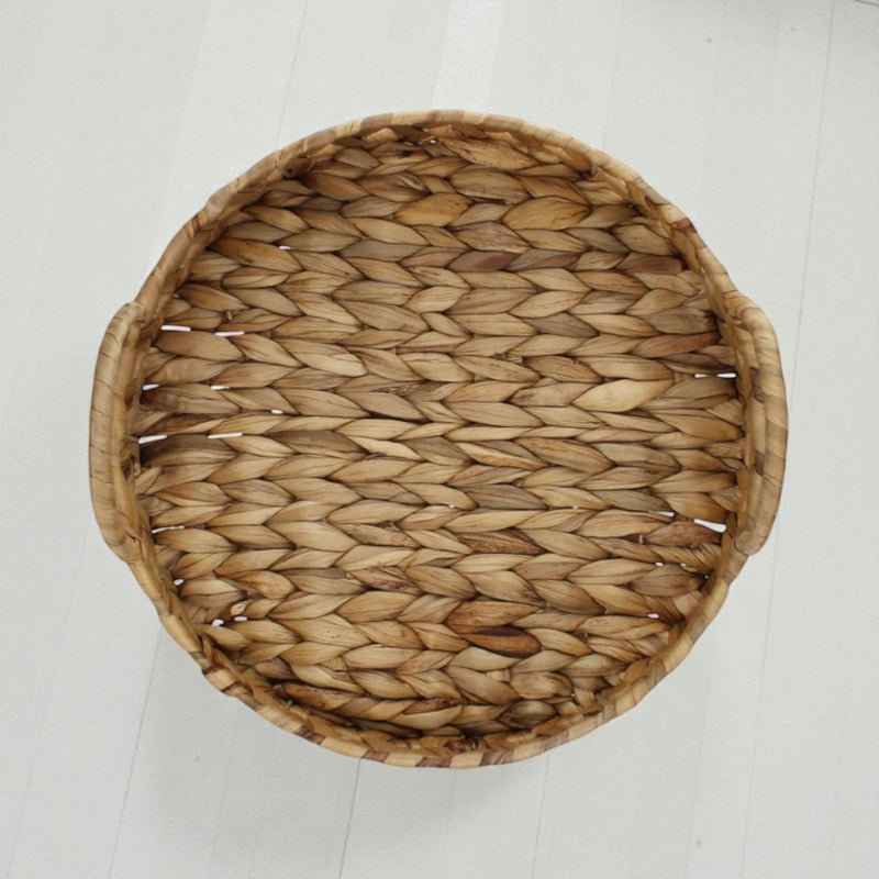 Woven Water Hyacinth Round Serving Tray with Handles, Versatile Decorative Rattan Look Metal Frame Basket for Coffee Table, Ottoman, & Patio - Cherish Home