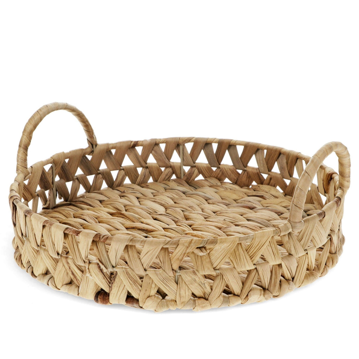 Woven Water Hyacinth Round Serving Tray with Handles, Versatile Decorative Rattan Look Metal Frame Basket for Coffee Table, Ottoman, & Patio - Cherish Home