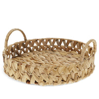 Woven Water Hyacinth Round Serving Tray with Handles, Versatile Decorative Rattan Look Metal Frame Basket for Coffee Table, Ottoman, & Patio - Cherish Home