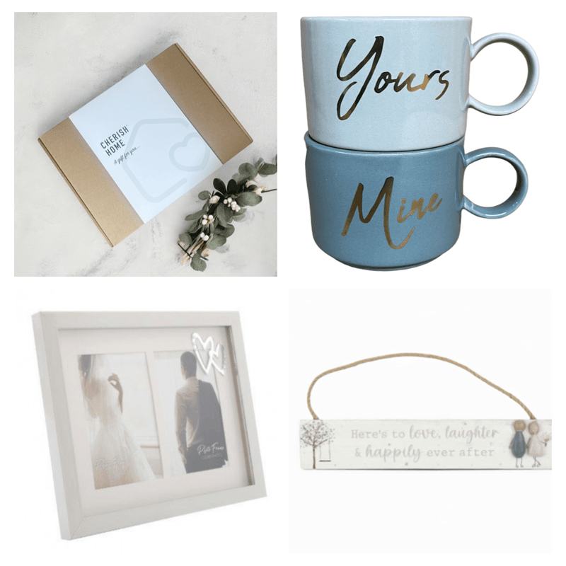 "Yours & Mine" Mugs Gift Set with "Here's To Love" Pebble Plaque and Romantic Heart Frame - Cherish Home