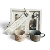 "Yours & Mine" Mugs Gift Set with "Here's To Love" Pebble Plaque and Romantic Heart Frame - Cherish Home