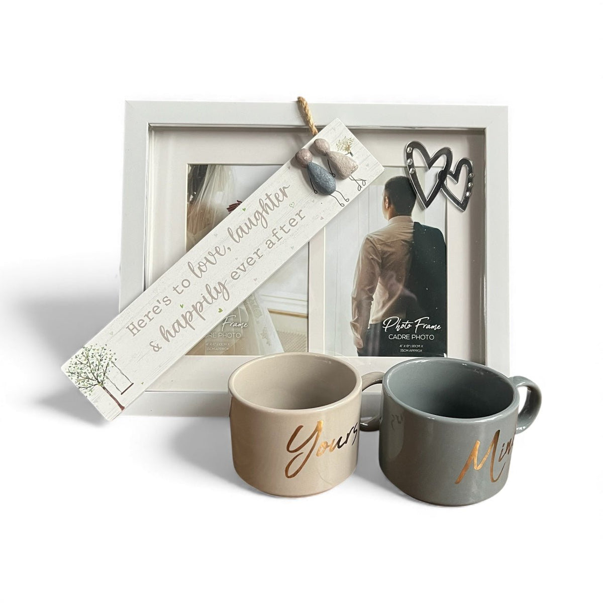 "Yours & Mine" Mugs Gift Set with "Here's To Love" Pebble Plaque and Romantic Heart Frame - Cherish Home
