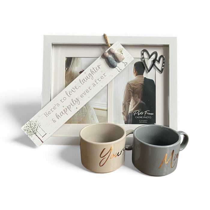 "Yours & Mine" Mugs Gift Set with "Here's To Love" Pebble Plaque and Romantic Heart Frame - Cherish Home