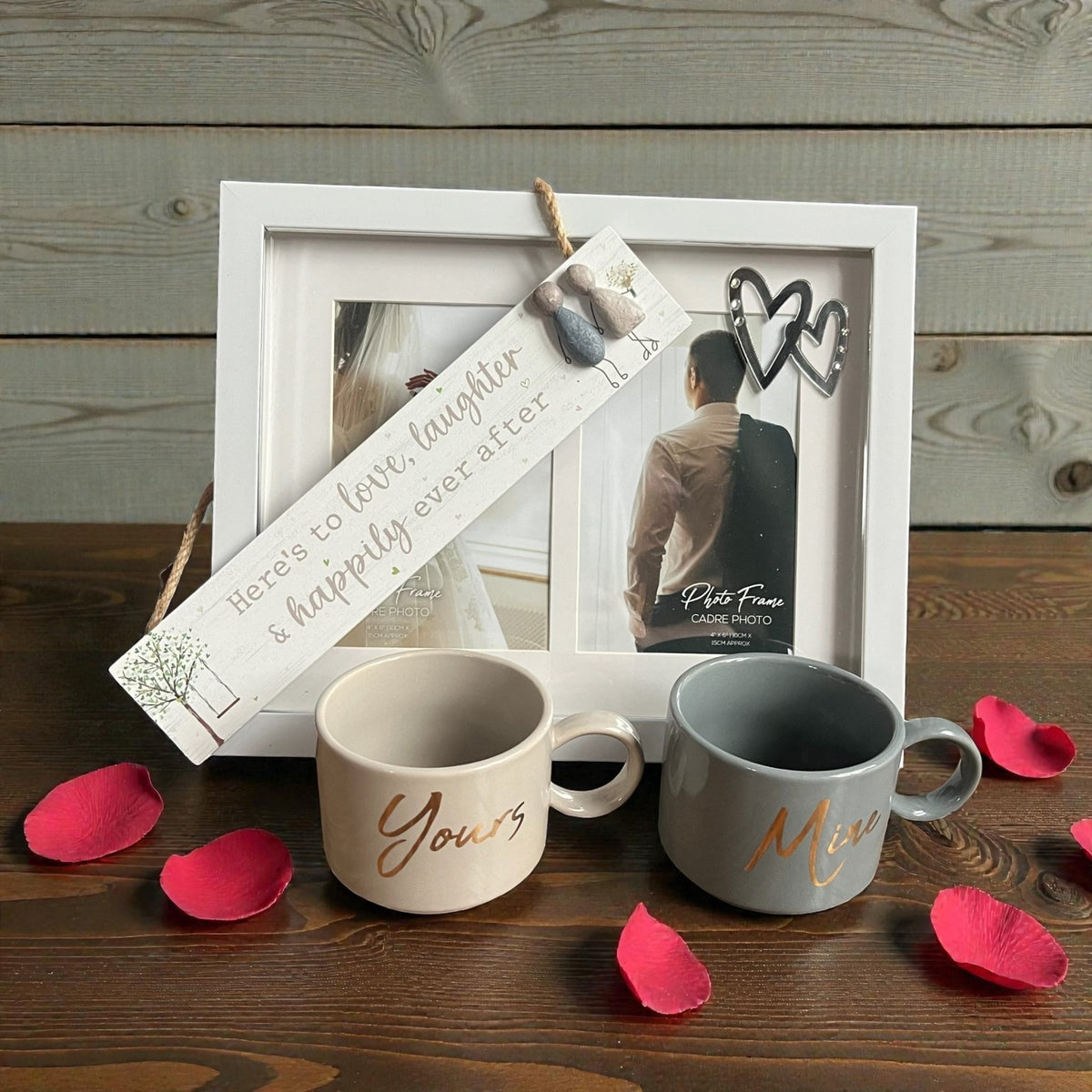 "Yours & Mine" Mugs Gift Set with "Here's To Love" Pebble Plaque and Romantic Heart Frame - Cherish Home