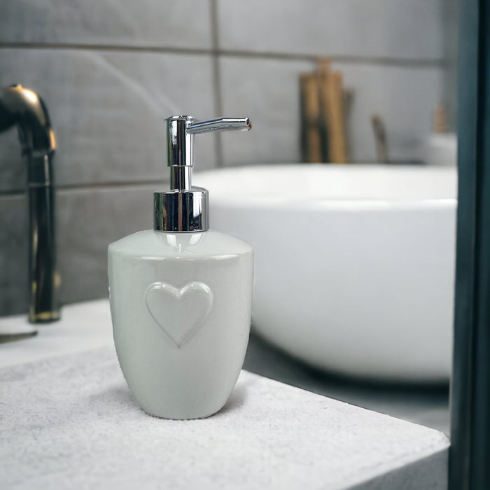 4-Piece White Heart Ceramic Bathroom Collection: Soap Dish, Soap Dispenser Toothbrush Holder, Tumbler - Cherish Home