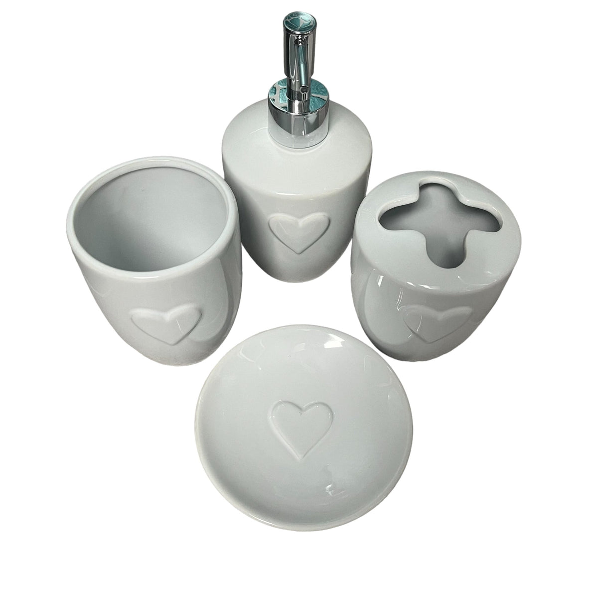 4-Piece White Heart Ceramic Bathroom Collection: Soap Dish, Soap Dispenser Toothbrush Holder, Tumbler - Cherish Home