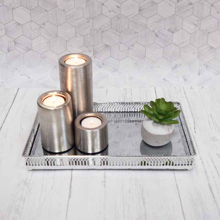 Decorative Nickel Trays - Mirror Effect Rectangular Silver Large with Candles and small planter