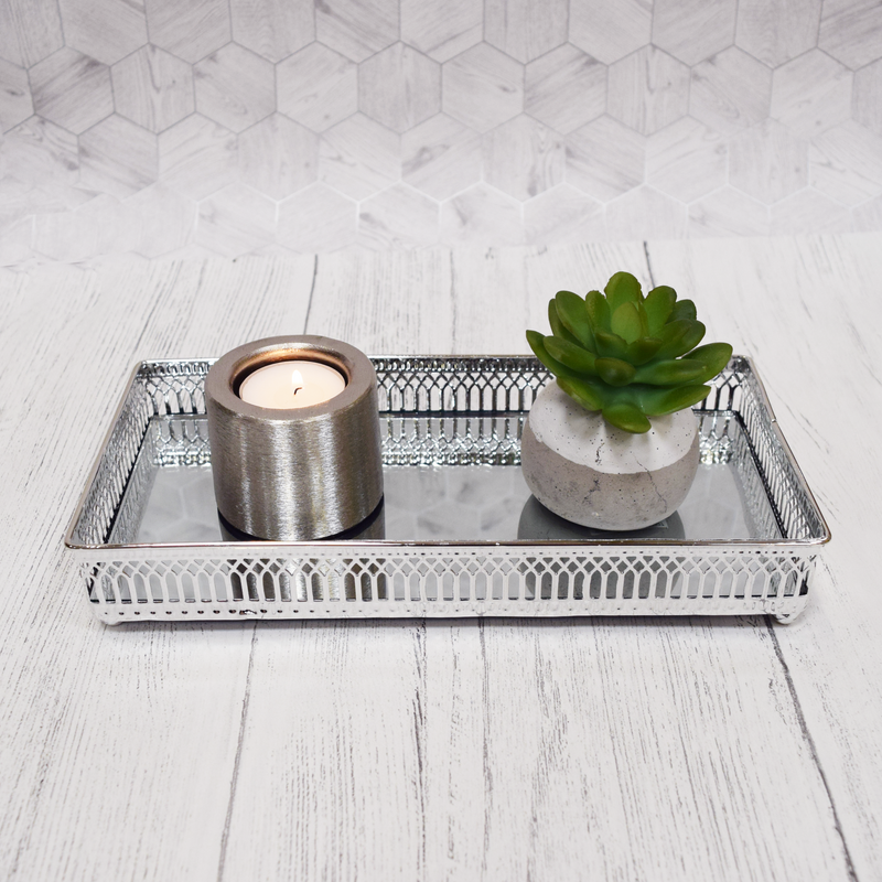 Decorative Nickel Trays - Mirror Effect Rectangular Silver Small with Plant and Candle
