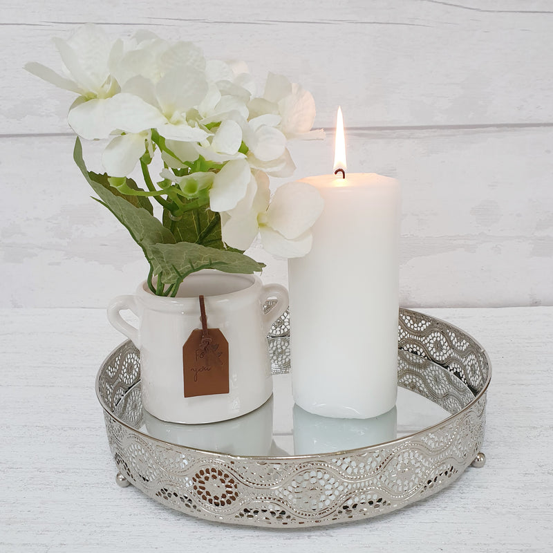 Decorative Silver Style Mirror Tray with candle close up