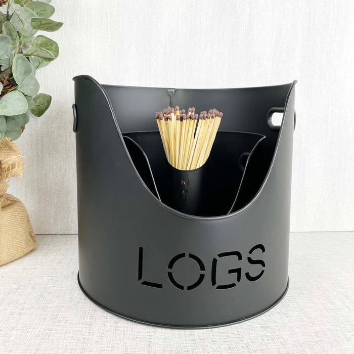 Fire Log & Kindling Buckets with Matchstick Holder Set
