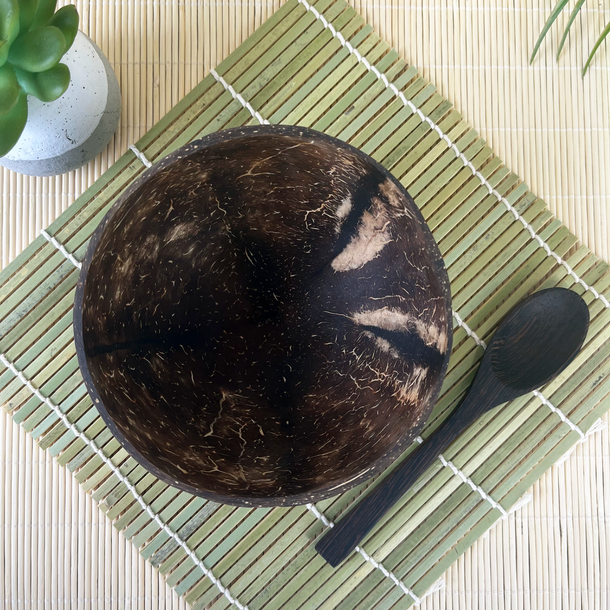 Real Coconut Shell Brown Bowls with Wooden Spoons Set