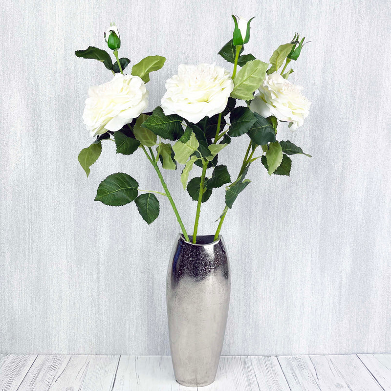 White Garden Rose Spray set of 3 in a silver vase