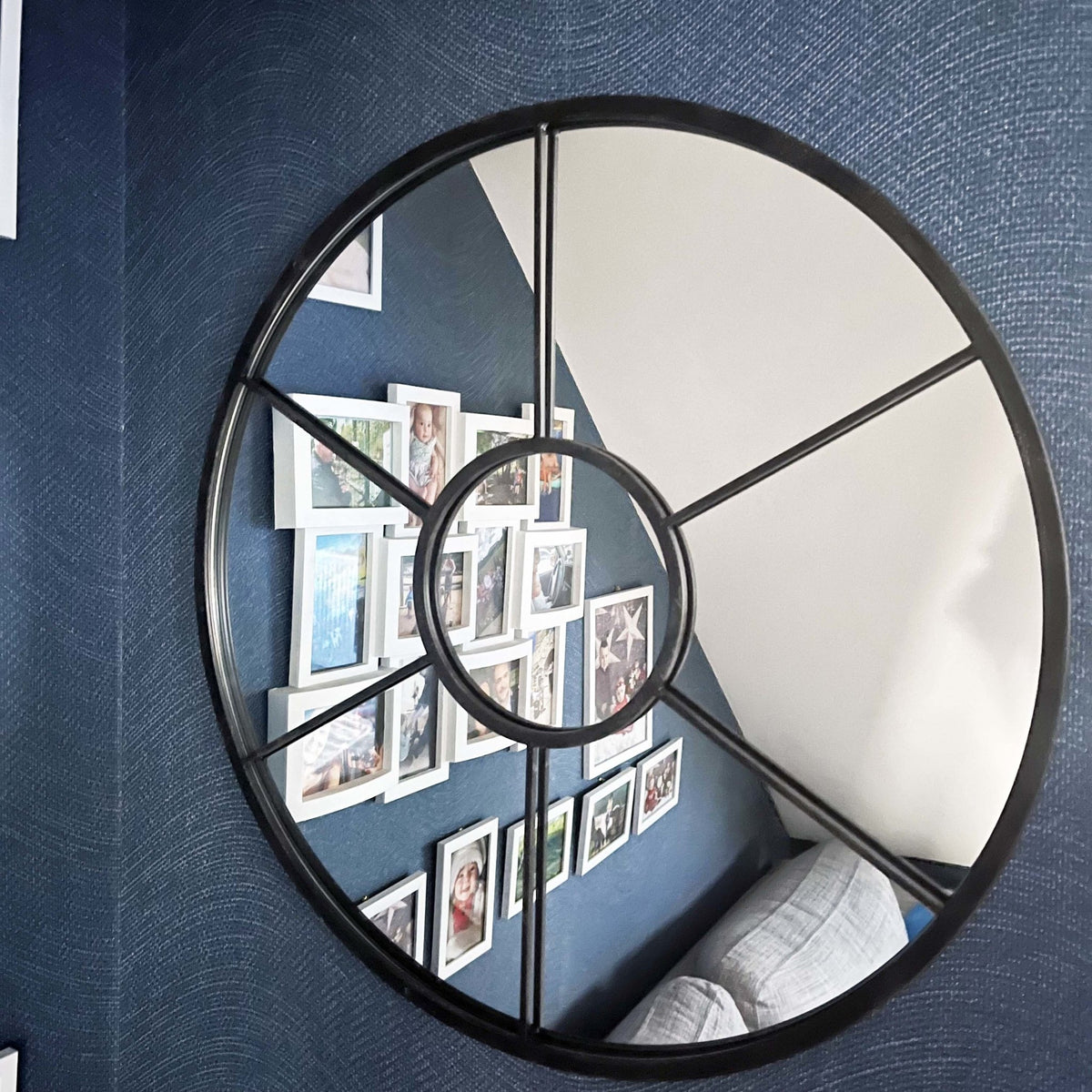 Aperta Iron Round Window Style Mirror Black on blue background