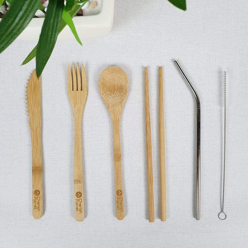 Bamboo & Steel Portable Cutlery Set with Cotton Carry Pouch