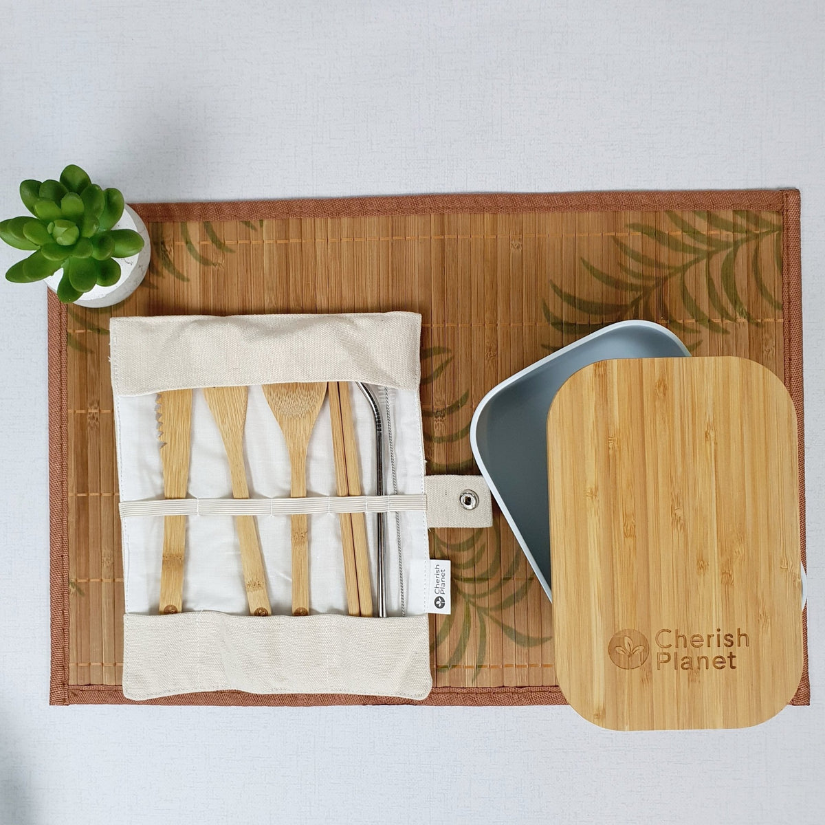 Bamboo & Steel Portable Cutlery Set with Cotton Carry Pouch