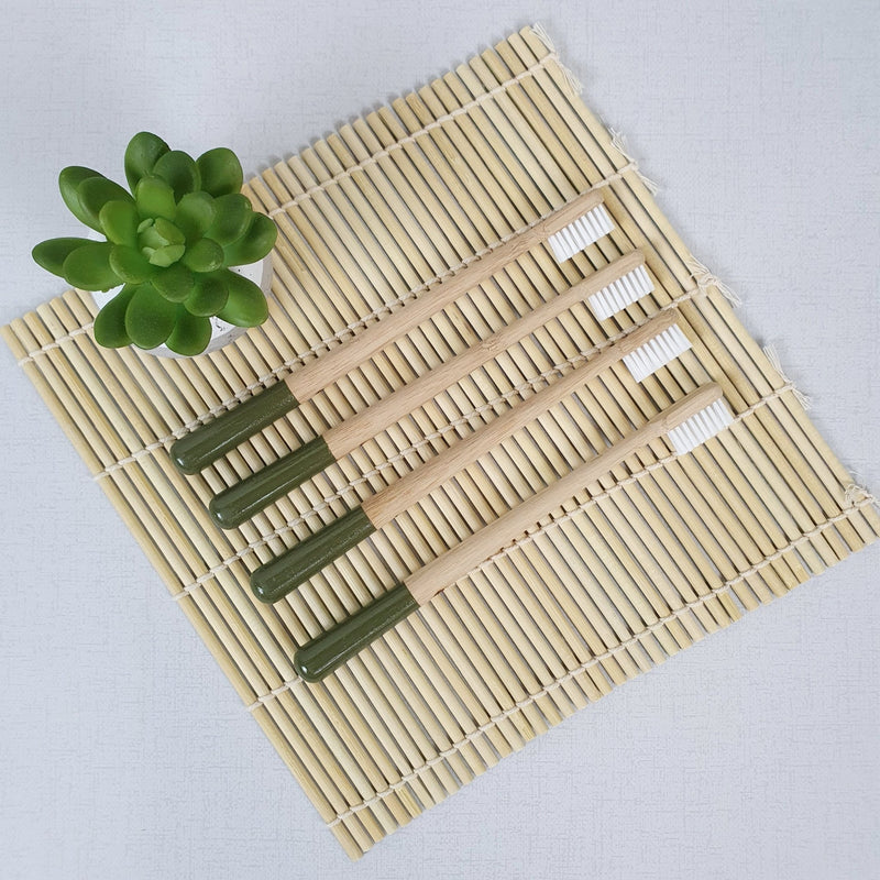Bamboo Toothbrushes with Dark Green Tips - Set of 4 Family Pack