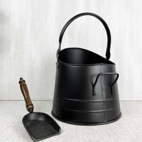 Black Coal Bucket with Teak Handle Shovel on white background