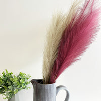 Bleached Faux Pampas Grass Stem and Scarlet Red stem in grey jug with greenery.